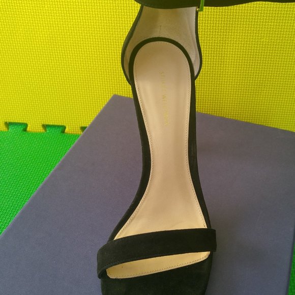 Stuart Weitzman 100 square nudist Black luxe Suede Sandal Heels size M9.5 - Picture 5 of 12